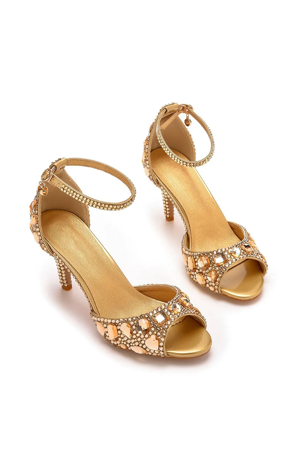 Crystal Rhinestone Peep Toe High Heels Ankle Strap Sandals