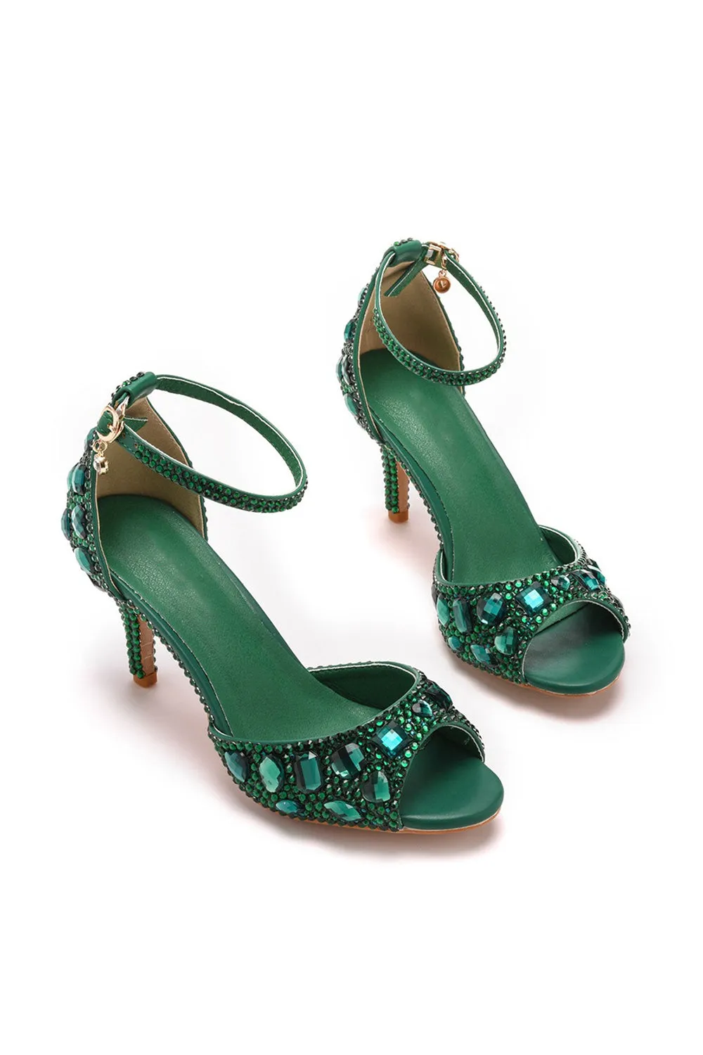 Crystal Rhinestone Peep Toe High Heels Ankle Strap Sandals