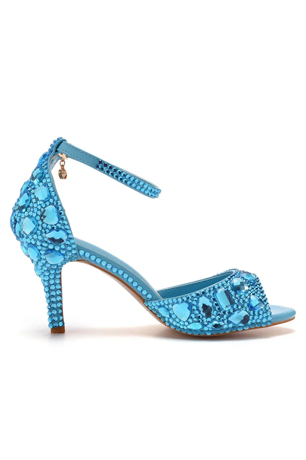 Crystal Rhinestone Peep Toe High Heels Ankle Strap Sandals