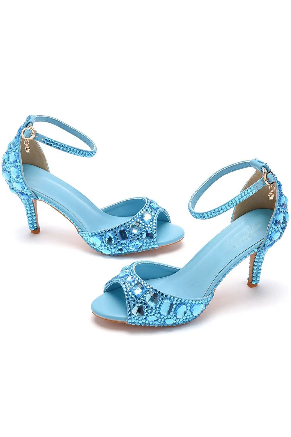 Crystal Rhinestone Peep Toe High Heels Ankle Strap Sandals
