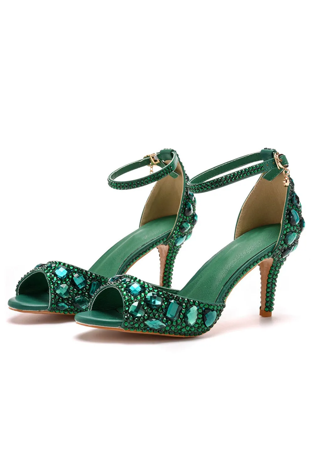 Crystal Rhinestone Peep Toe High Heels Ankle Strap Sandals