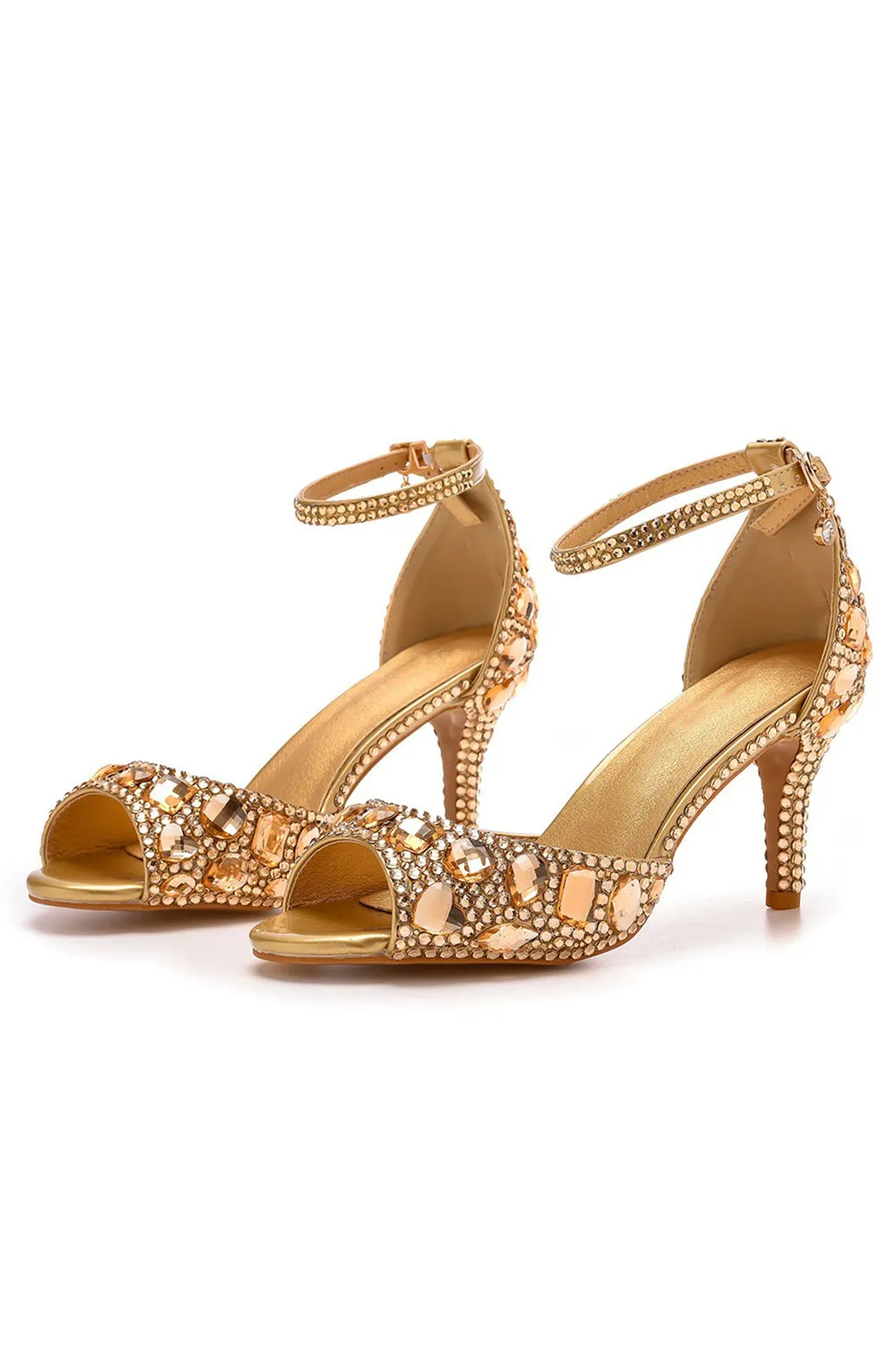 Crystal Rhinestone Peep Toe High Heels Ankle Strap Sandals