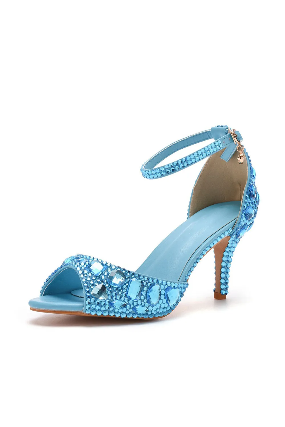 Crystal Rhinestone Peep Toe High Heels Ankle Strap Sandals