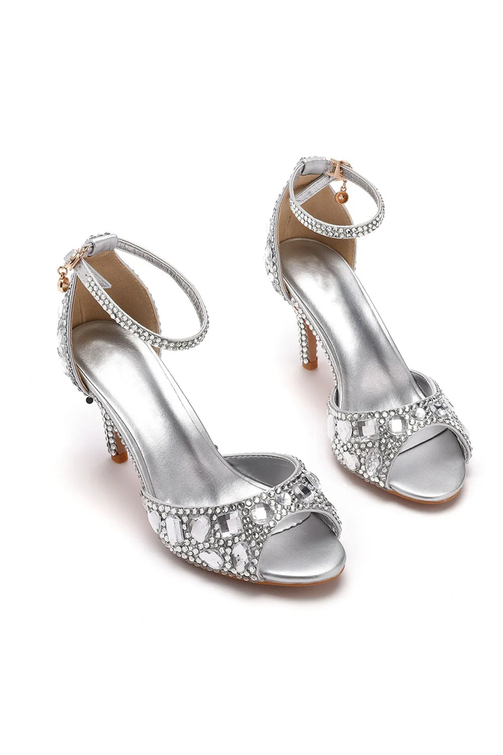 Crystal Rhinestone Peep Toe High Heels Ankle Strap Sandals