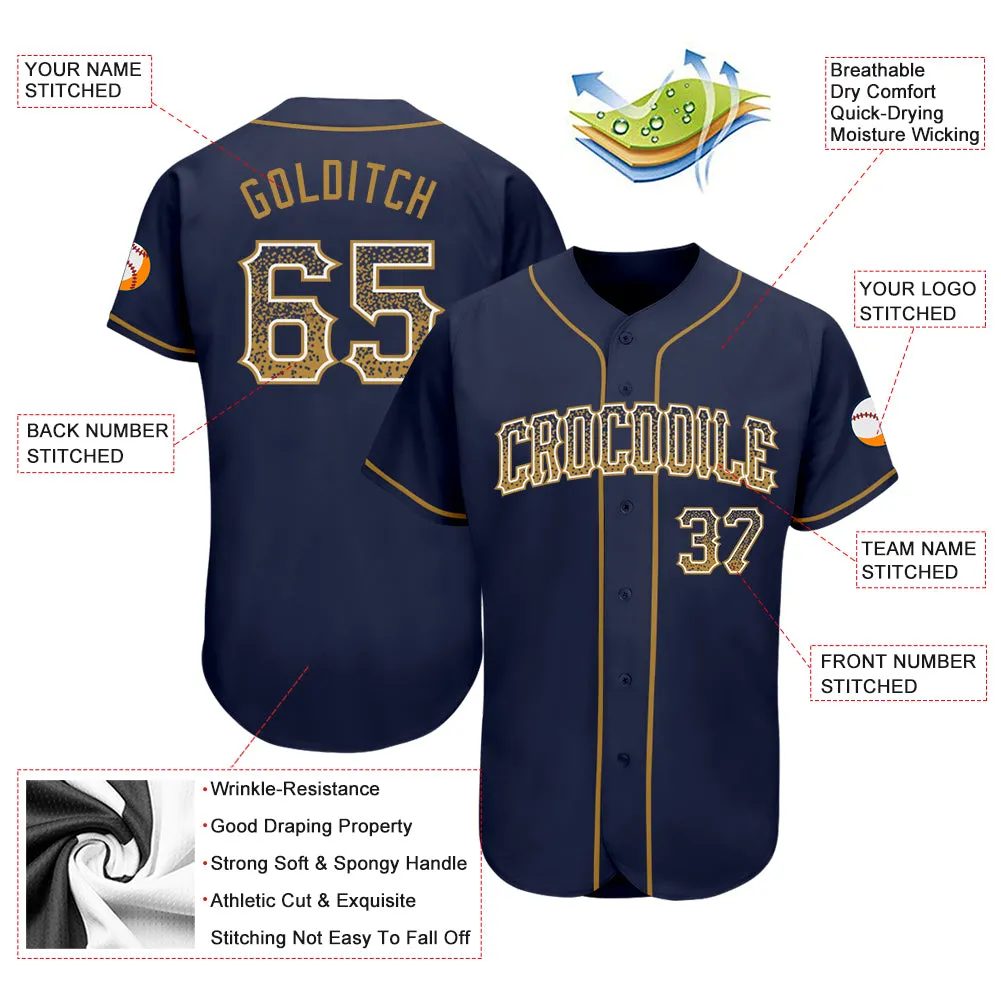 Custom Navy Old Gold-White Authentic Drift Fashion Baseball Jersey