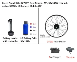 E-Bike DIY Kit - 26" , 36V 350W rear motor, 10Ah LG Battery, APP