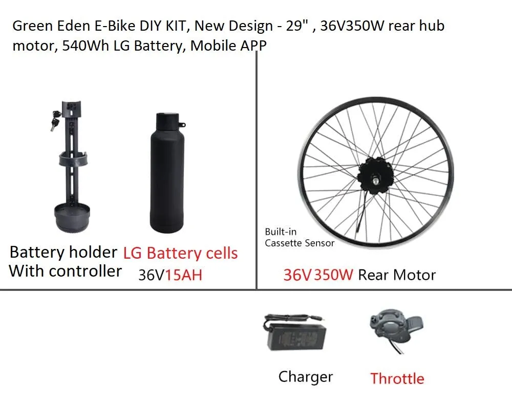 E-Bike DIY Kit  - 29"/700c , 36V 350W rear motor, 15Ah LG Battery, APP