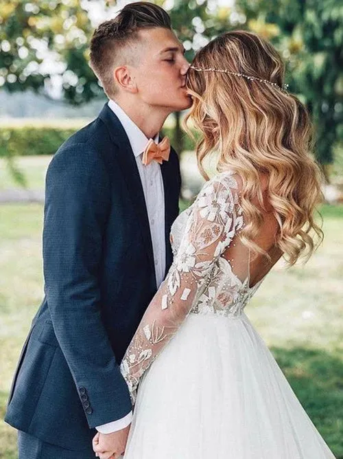 Elegant Tulle Long Sleeves A-line See Through Backless Wedding Dresses, SW289