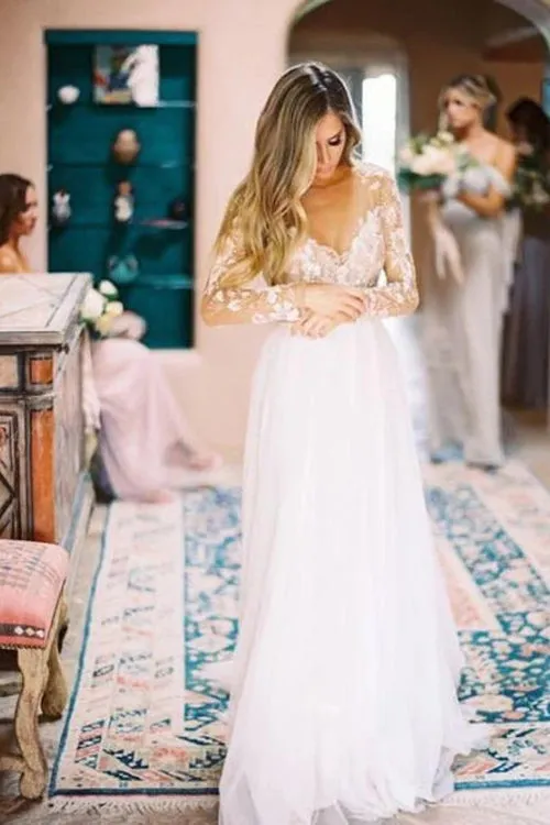 Elegant Tulle Long Sleeves A-line See Through Backless Wedding Dresses, SW289