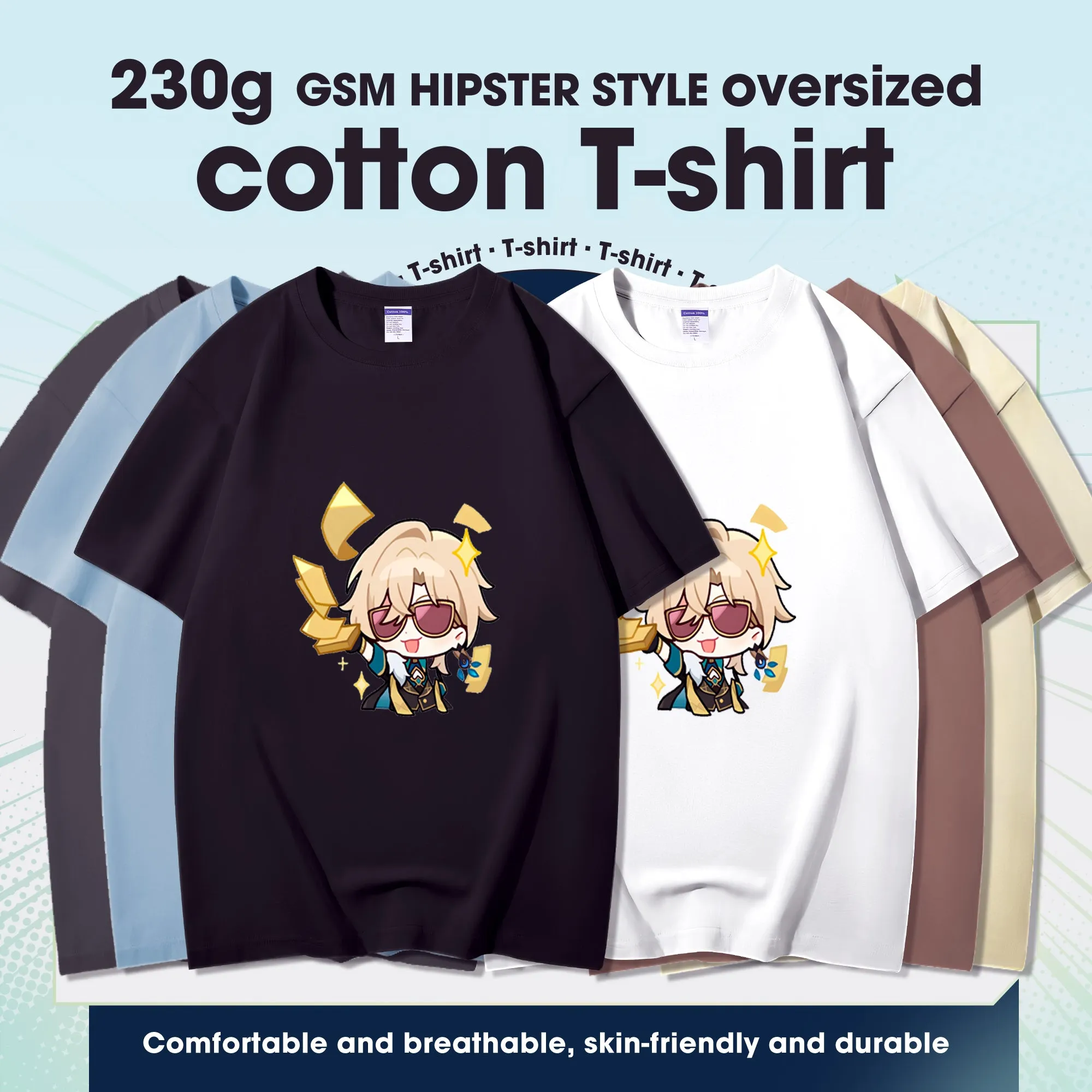 Fashion Anime Honkai: Star Rail Aventurine 230g GSM Hipster Style Oversized Cotton T-shirt