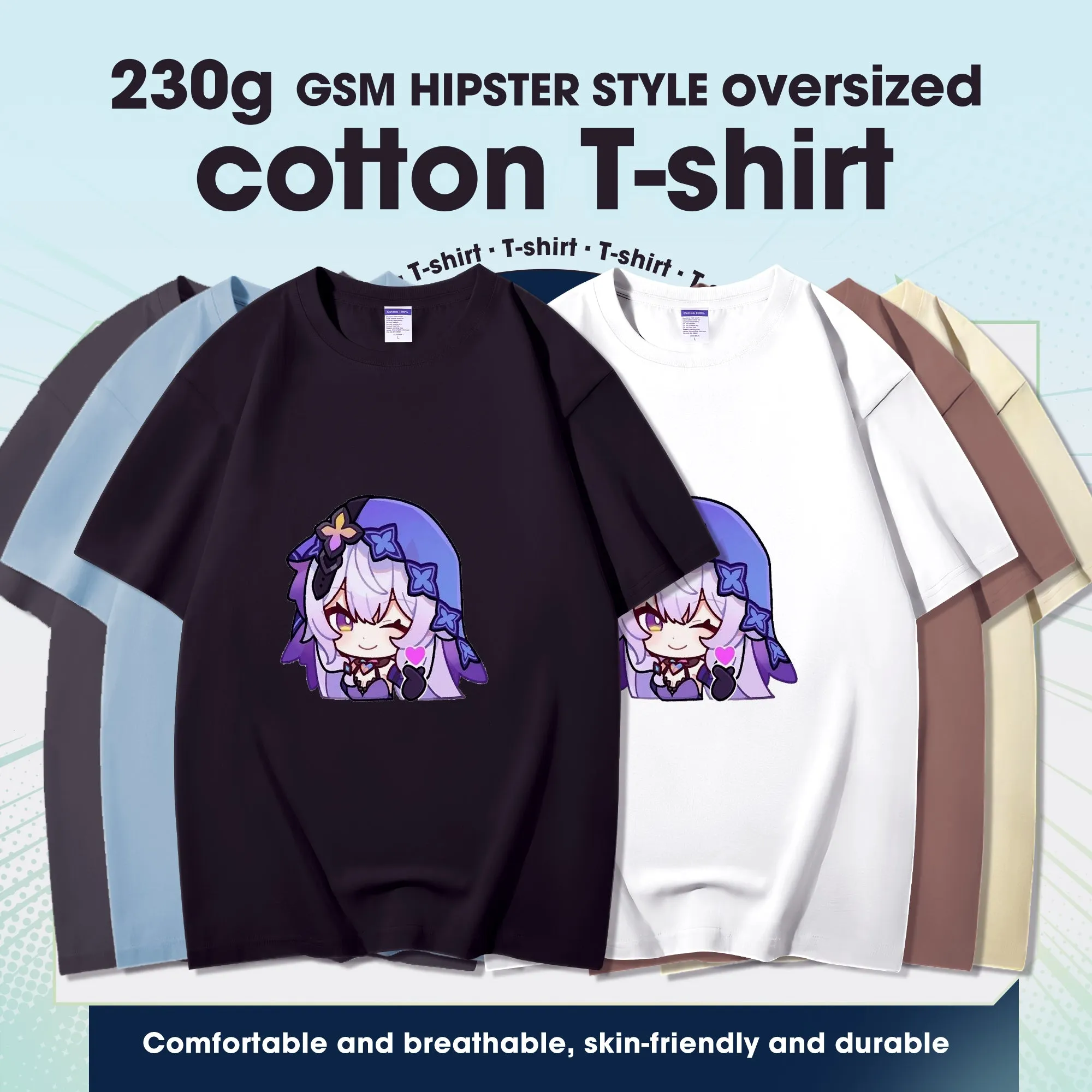 Fashion Anime Honkai Star Rail Black Swan 230g GSM Hipster Style Oversized Cotton T-shirt