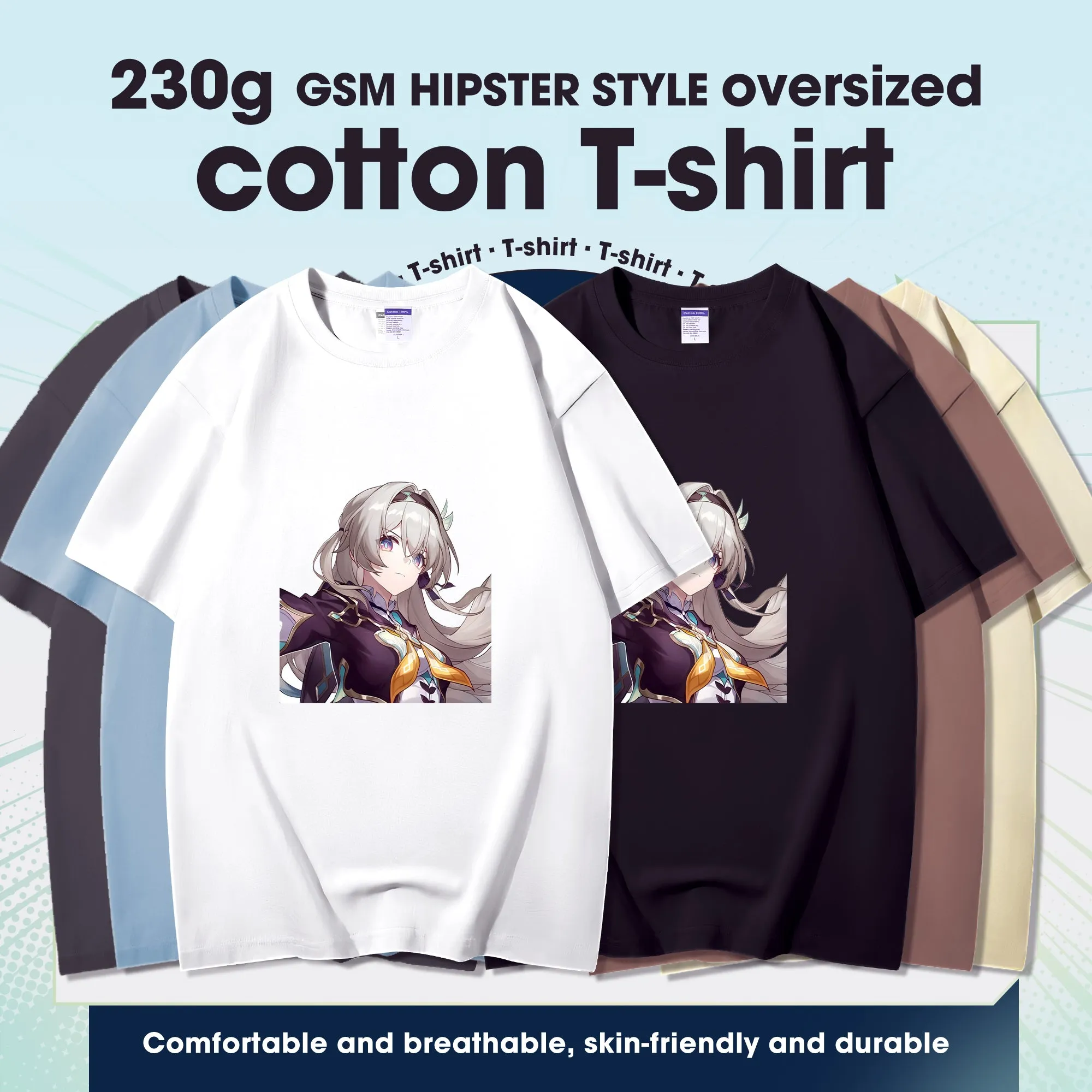 Fashion Anime Honkai Star Rail Firefly 230g GSM Hipster Style Oversized Cotton T-shirt