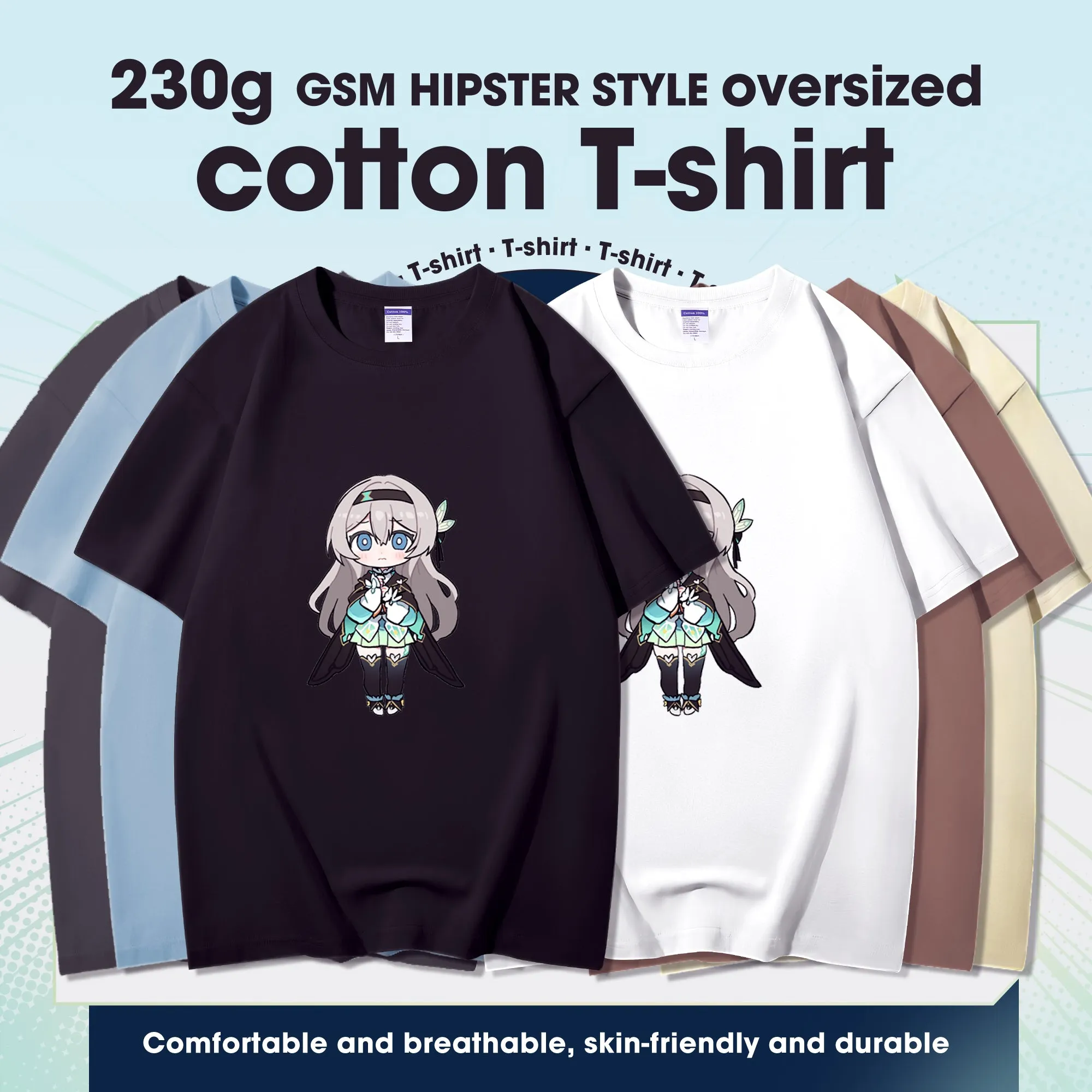 Fashion Anime Honkai: Star Rail Firefly 230g GSM Hipster Style Oversized Cotton T-shirt
