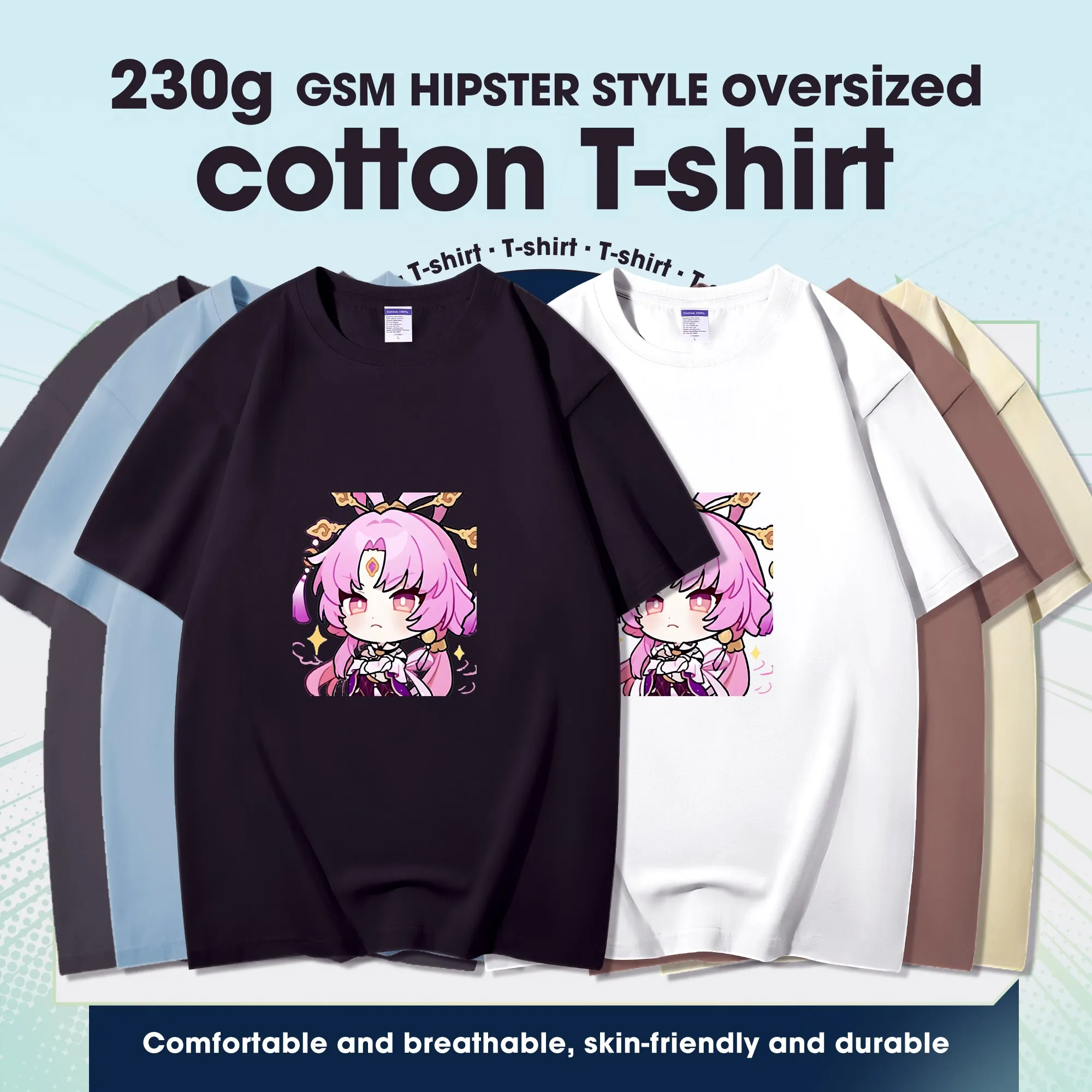 Fashion Anime Honkai: Star Rail Fu Xuan 230g GSM Hipster Style Oversized Cotton T-shirt