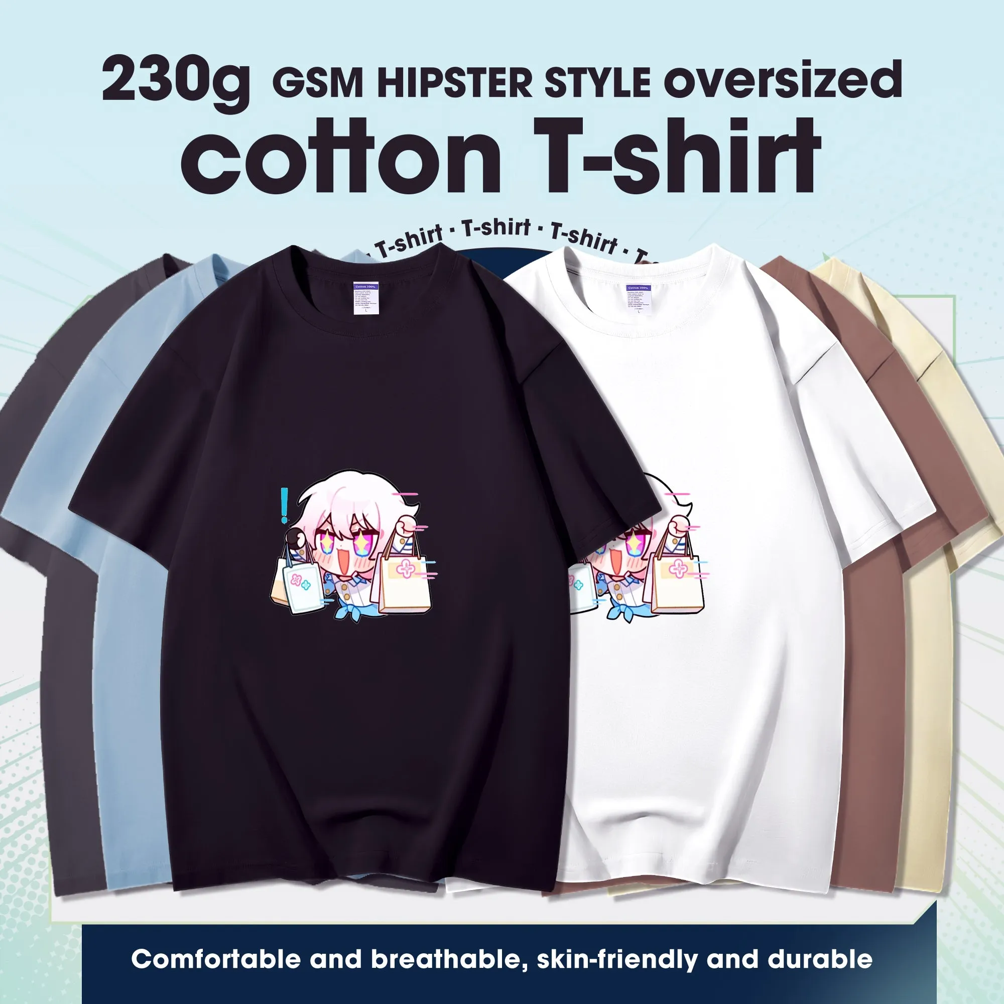 Fashion Anime Honkai: Star Rail March 7th 230g GSM Hipster Style Oversized Cotton T-shirt