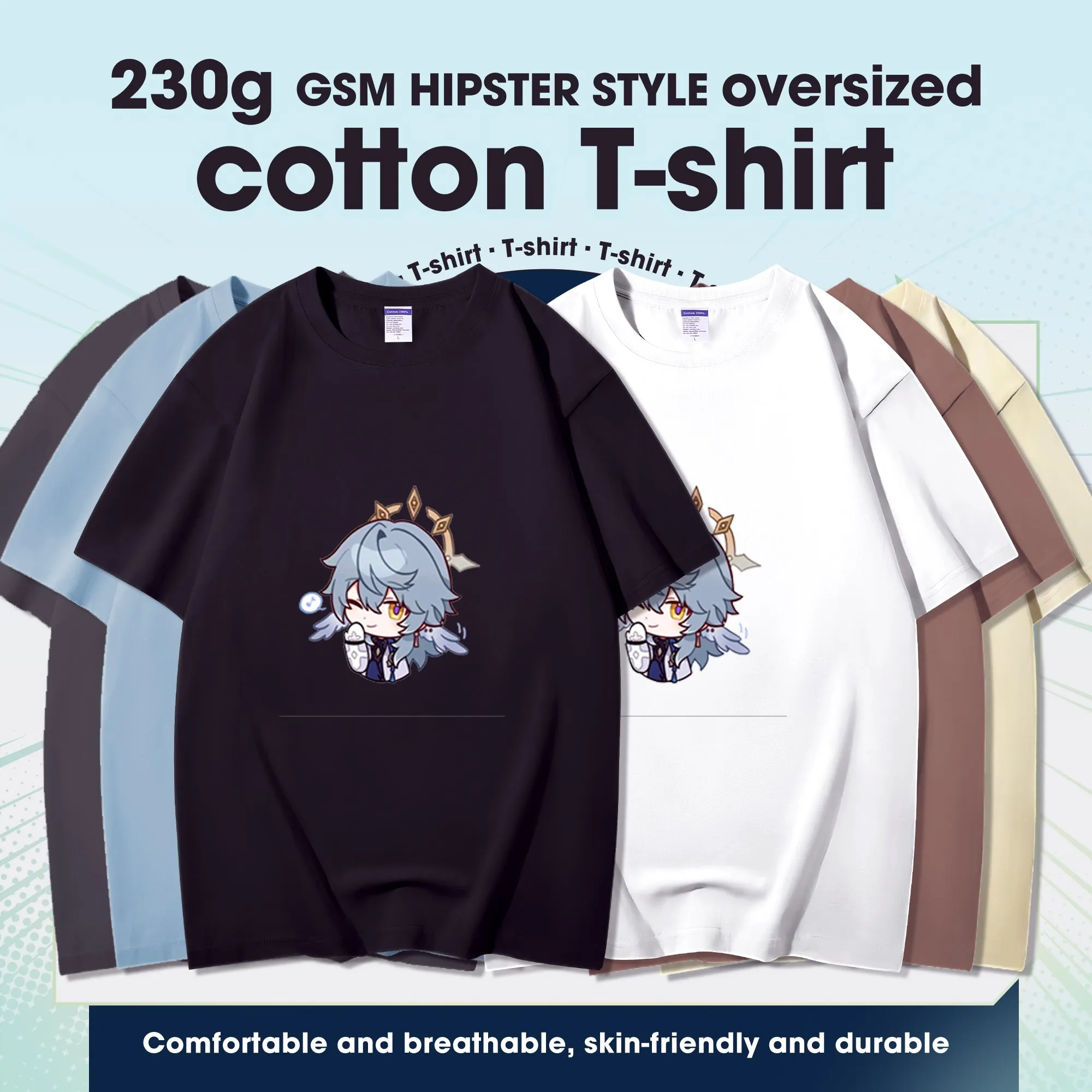 Fashion Anime Honkai Star Rail Sunday 230g GSM Hipster Style Oversized Cotton T-shirt
