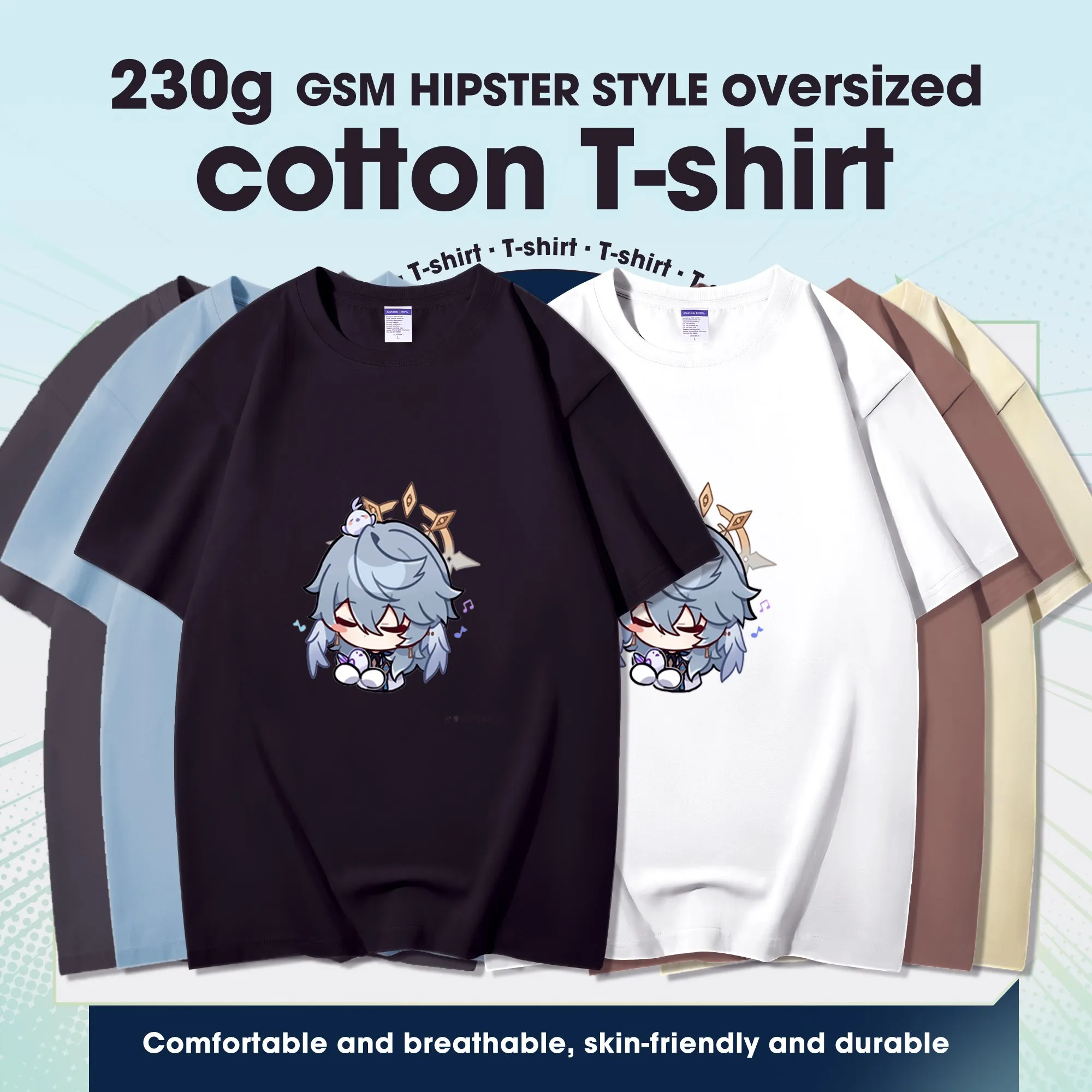 Fashion Anime Honkai: Star Rail Sunday 230g GSM Hipster Style Oversized Cotton T-shirt