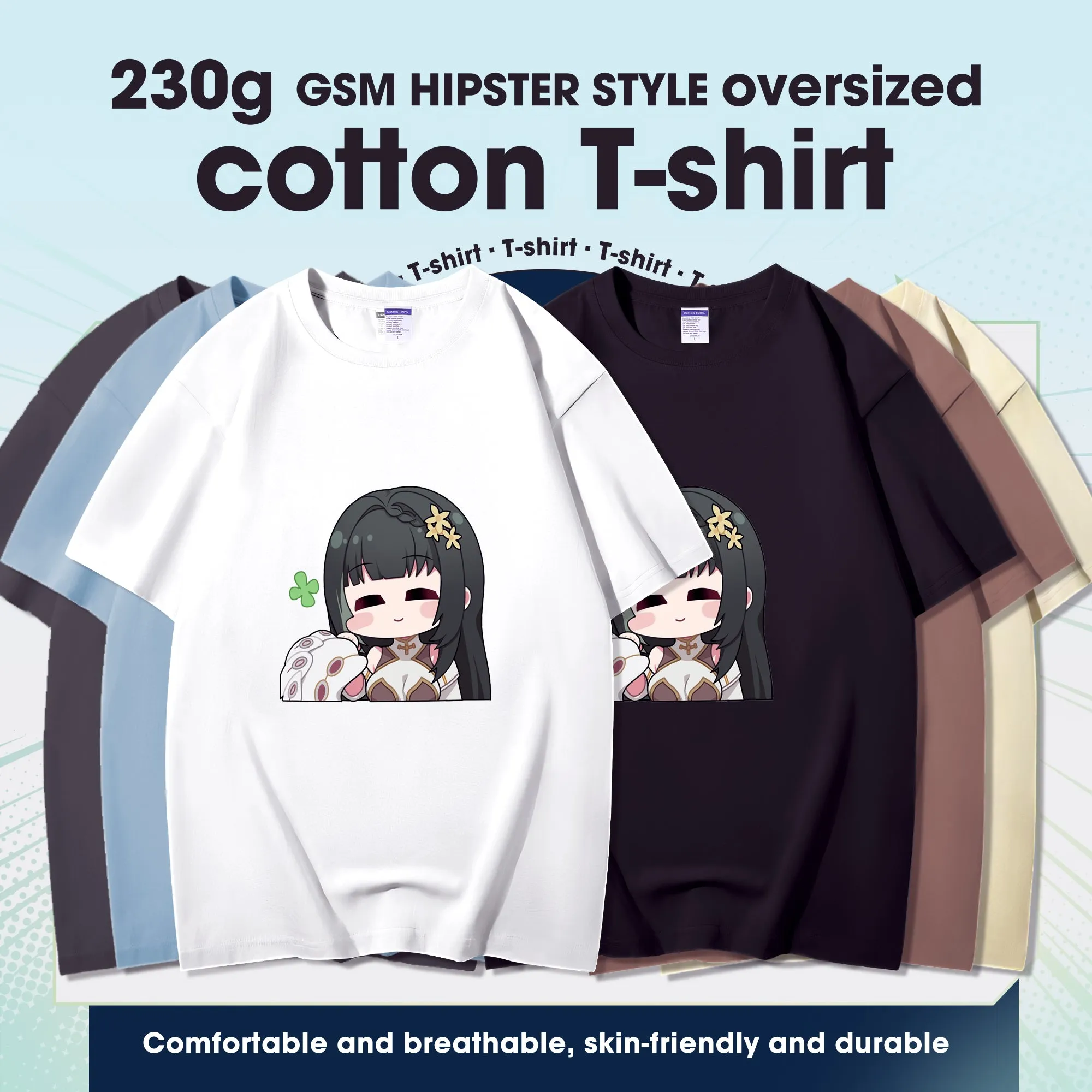 Fashion Anime Wuthering Waves BaiZhi 230g GSM Hipster Style Oversized Cotton T-shirt