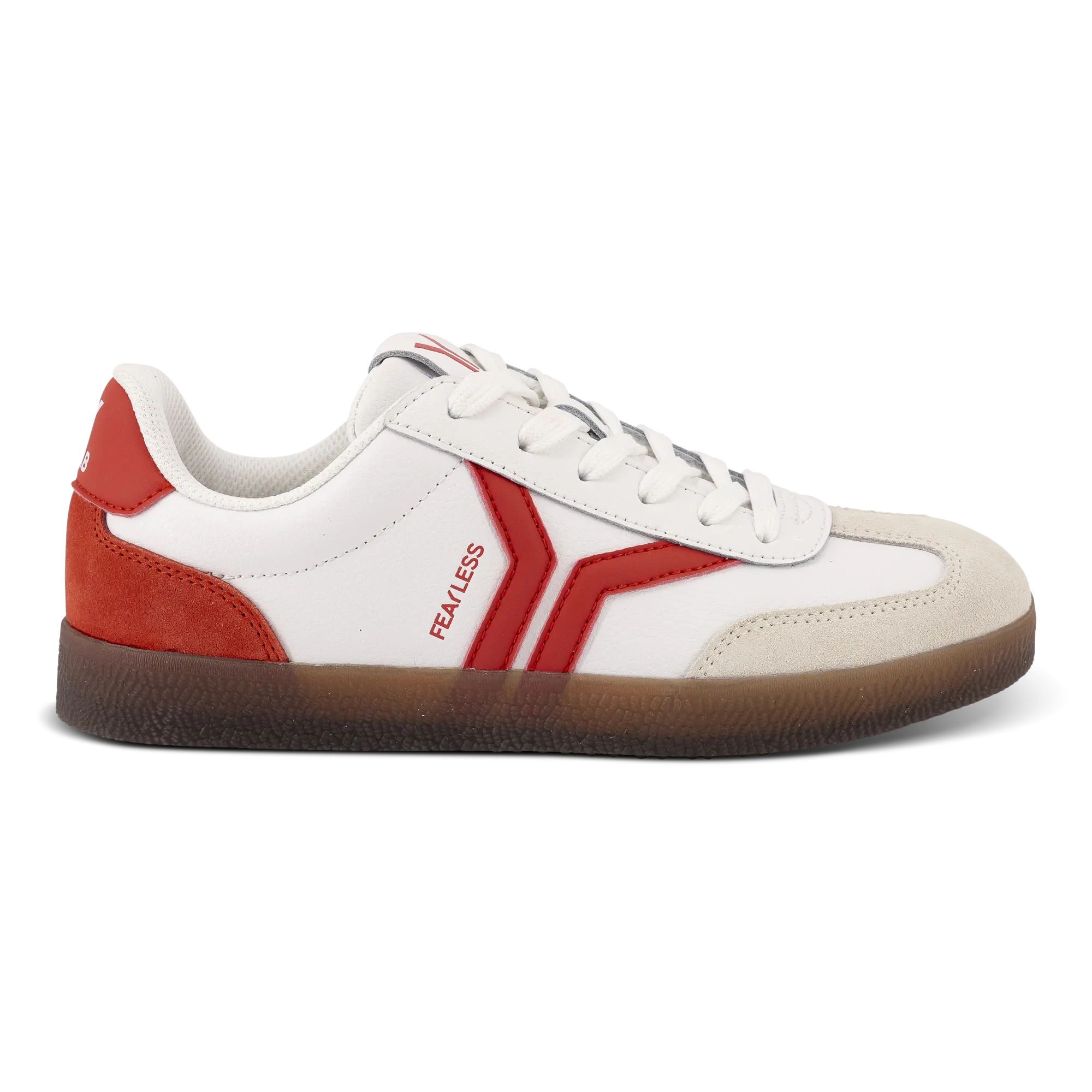 Fearless Womens Sneaker in white leather with neon flare wing
