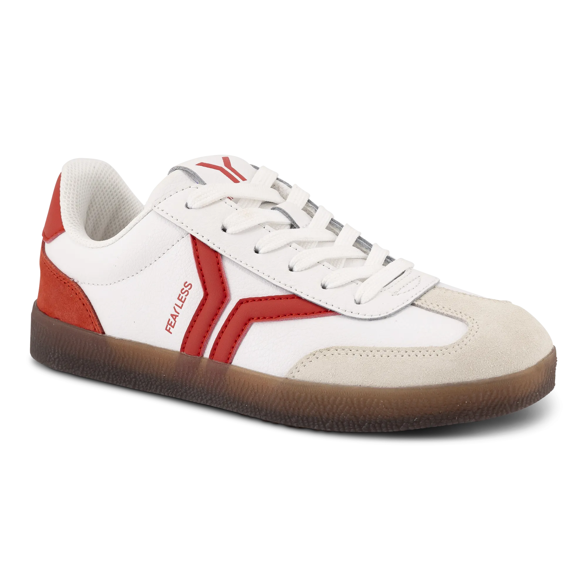 Fearless Womens Sneaker in white leather with neon flare wing