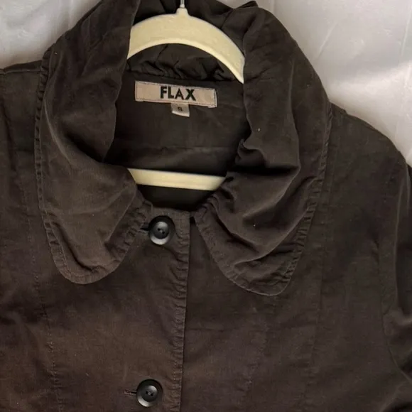 FLAX Brown Button Up Jacket Ruffle Collar 100% Cotton Lagenlook Minimalist baggy