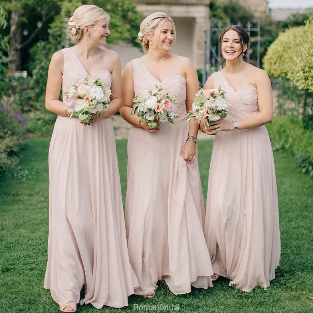 Floor-length One-shoulder sleeveless Chiffon Simple Bridesmaid Dresses with Pleats, BD0513