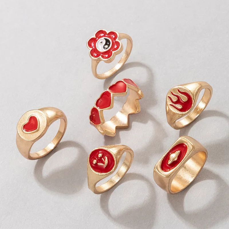 Flower Heart Cherry Red 6 Pcs Ring Set