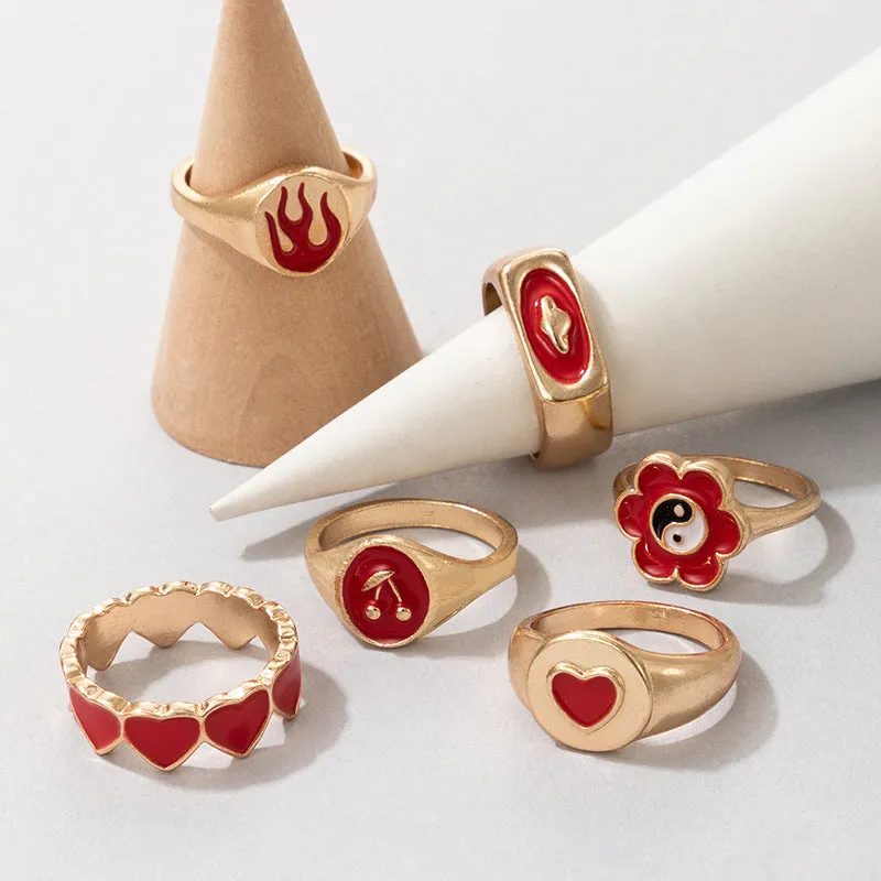Flower Heart Cherry Red 6 Pcs Ring Set