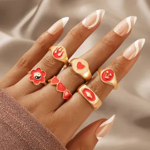 Flower Heart Cherry Red 6 Pcs Ring Set