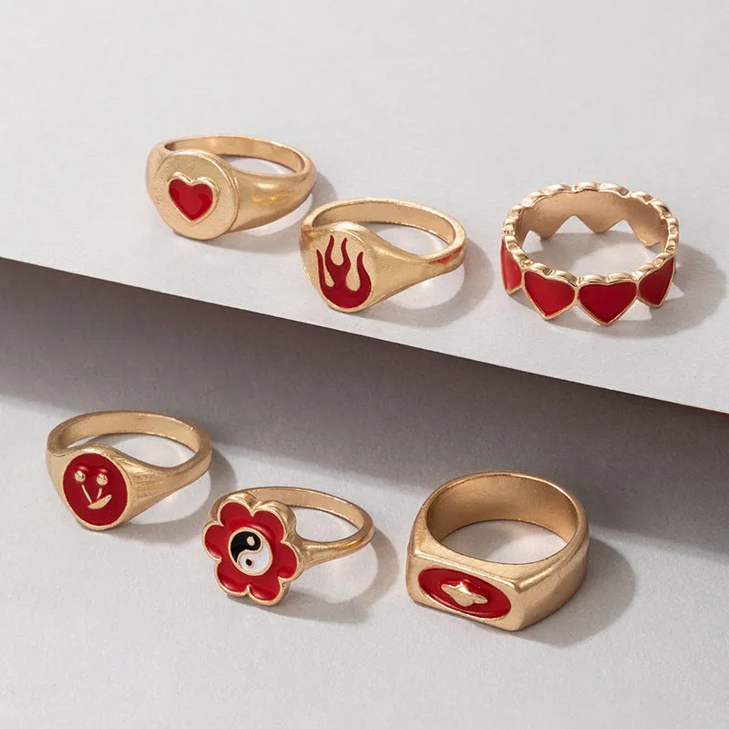 Flower Heart Cherry Red 6 Pcs Ring Set