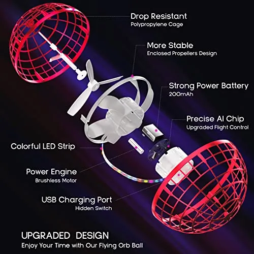 Flying Orb Ball Toys Soaring Hover Pro Boomerang Spinner Hand Controlled Mini Drone Globe Shape Spinning Safe for Kids Adults Outdoor Indoor by Tikduck (Red)