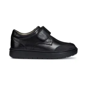 Geox Riddock - Black Leather Riptape, reinforced toe, School Shoe