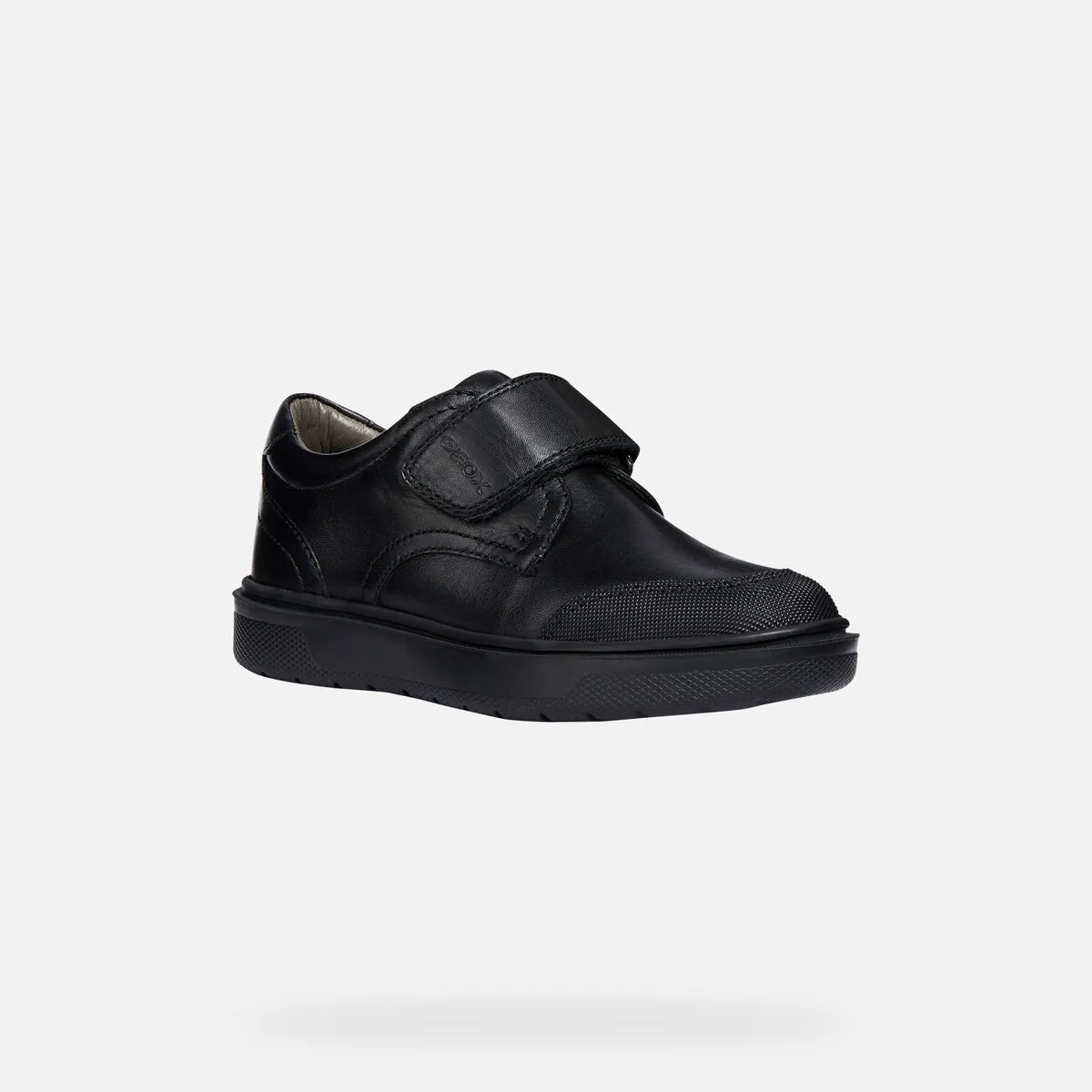 Geox Riddock - Black Leather Riptape, reinforced toe, School Shoe