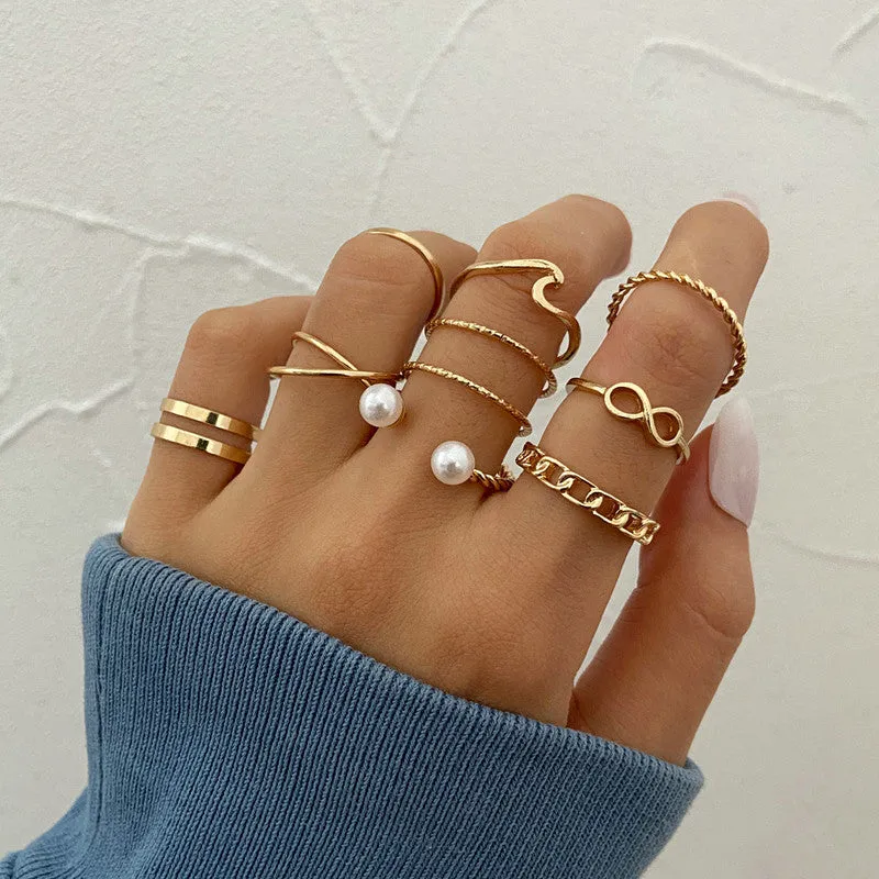 Gold Plated 10 Piece Cross Chain Pearl Ring Set