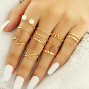 Gold Plated 10 Piece Cross Chain Pearl Ring Set
