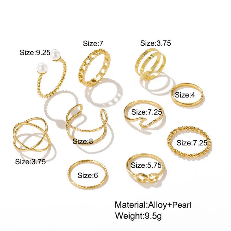 Gold Plated 10 Piece Cross Chain Pearl Ring Set