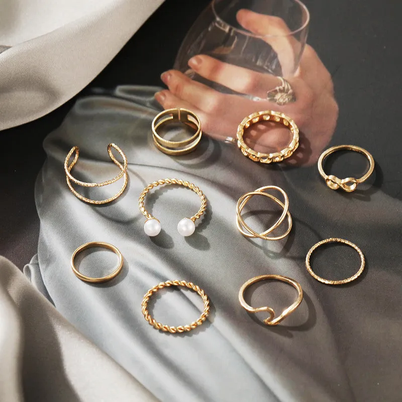 Gold Plated 10 Piece Cross Chain Pearl Ring Set