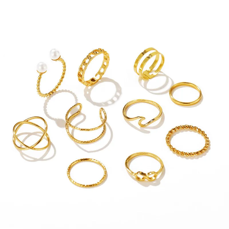 Gold Plated 10 Piece Cross Chain Pearl Ring Set