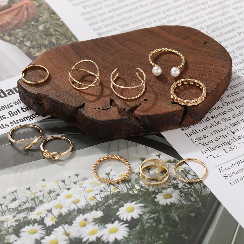 Gold Plated 10 Piece Cross Chain Pearl Ring Set