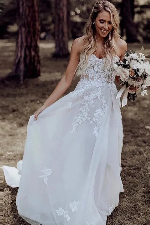 Gorgeous Beaded Tulle A-Line Sweetheart Sweep Train Wedding Dress with Appliques, SW286