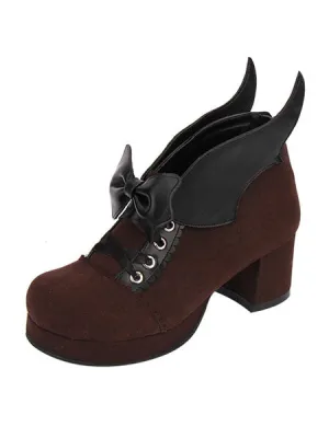 Gothic Lolita Shoes Round Toe Chunky Heel Suede Leather Bows Black Lolita Pumps
