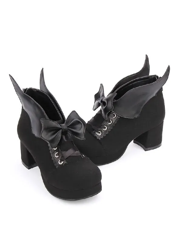 Gothic Lolita Shoes Round Toe Chunky Heel Suede Leather Bows Black Lolita Pumps