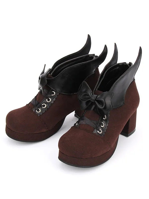 Gothic Lolita Shoes Round Toe Chunky Heel Suede Leather Bows Black Lolita Pumps
