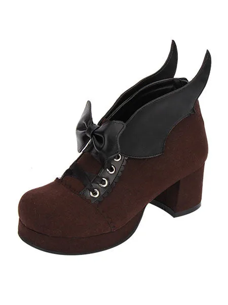 Gothic Lolita Shoes Round Toe Chunky Heel Suede Leather Bows Black Lolita Pumps