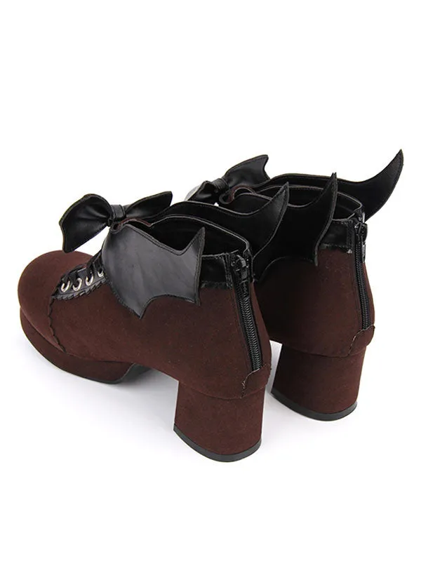Gothic Lolita Shoes Round Toe Chunky Heel Suede Leather Bows Black Lolita Pumps