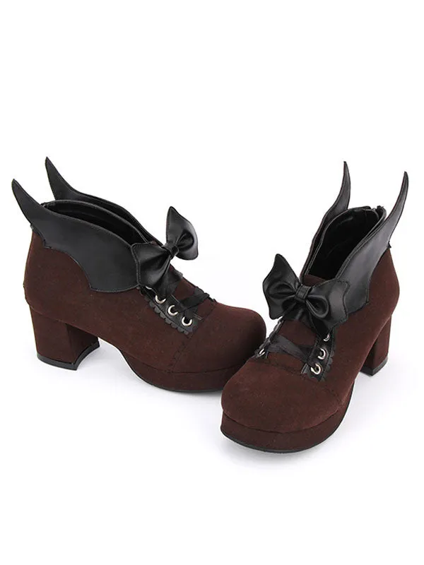 Gothic Lolita Shoes Round Toe Chunky Heel Suede Leather Bows Black Lolita Pumps