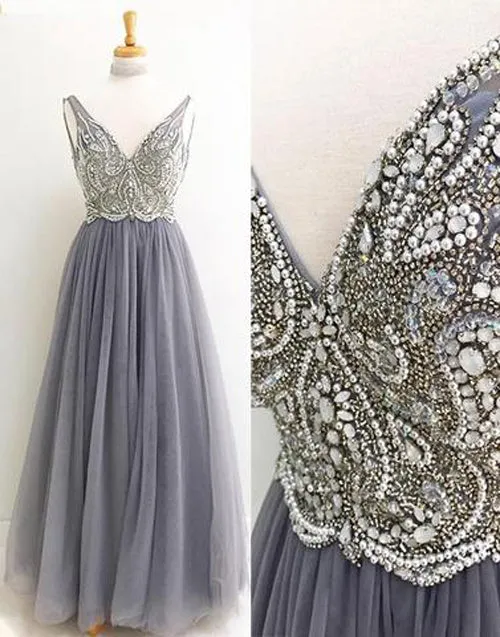 Gray V neck Tulle Floor Length Long Prom Dress With Beading, Formal Dress, M177