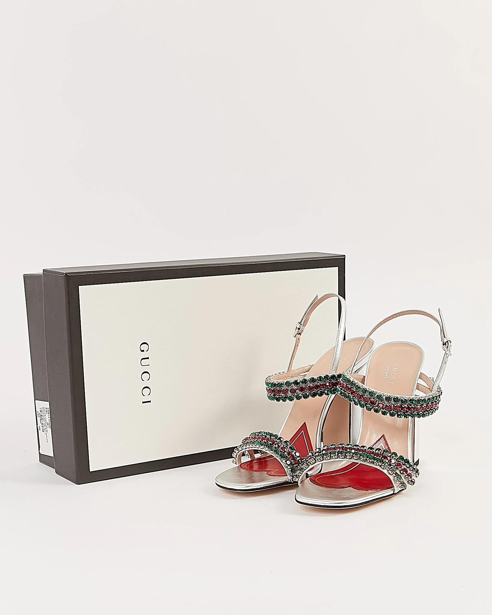 Gucci Silver Metallic Crystal Web Accent Strappy Sandal - 39.5