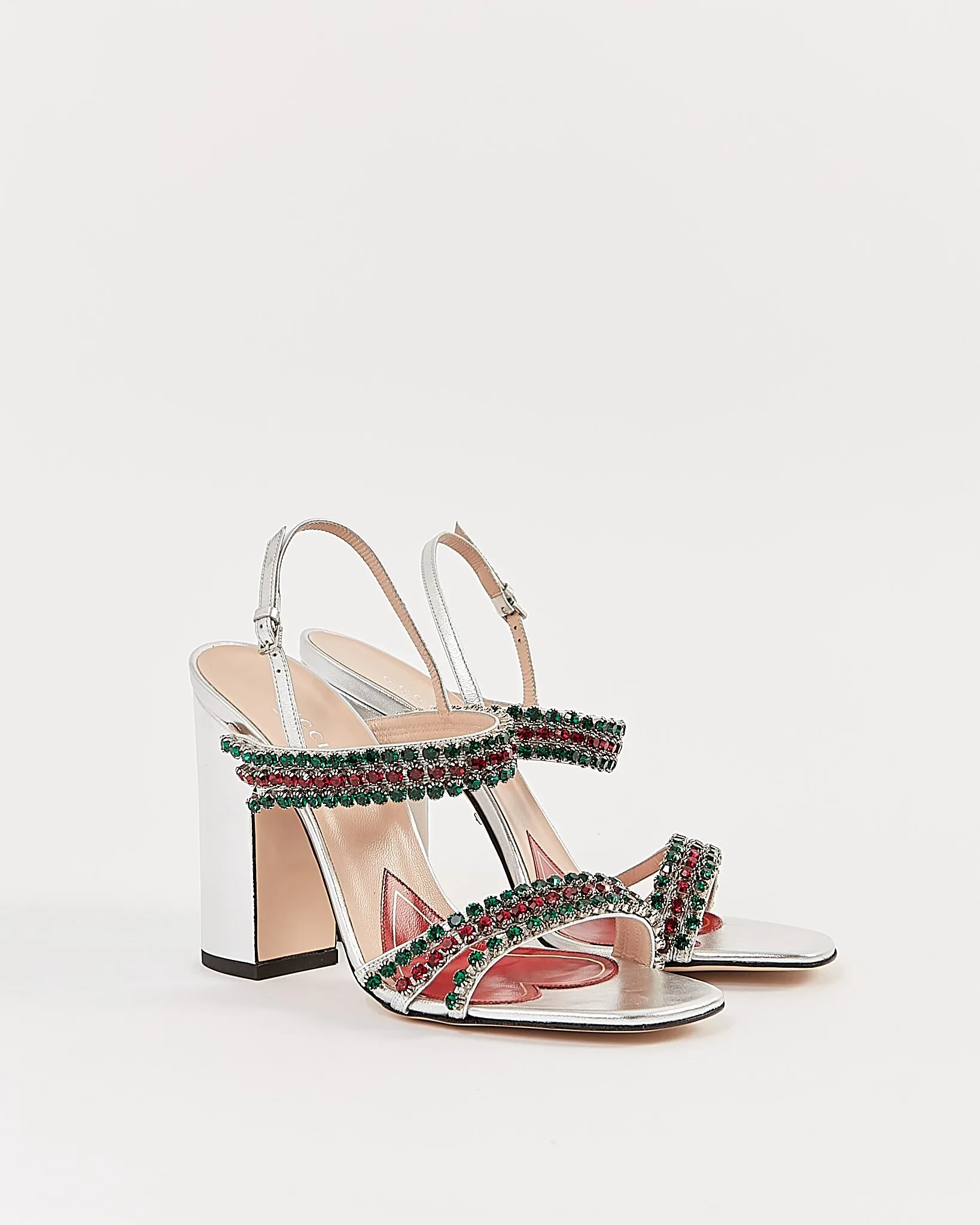Gucci Silver Metallic Crystal Web Accent Strappy Sandal - 39.5