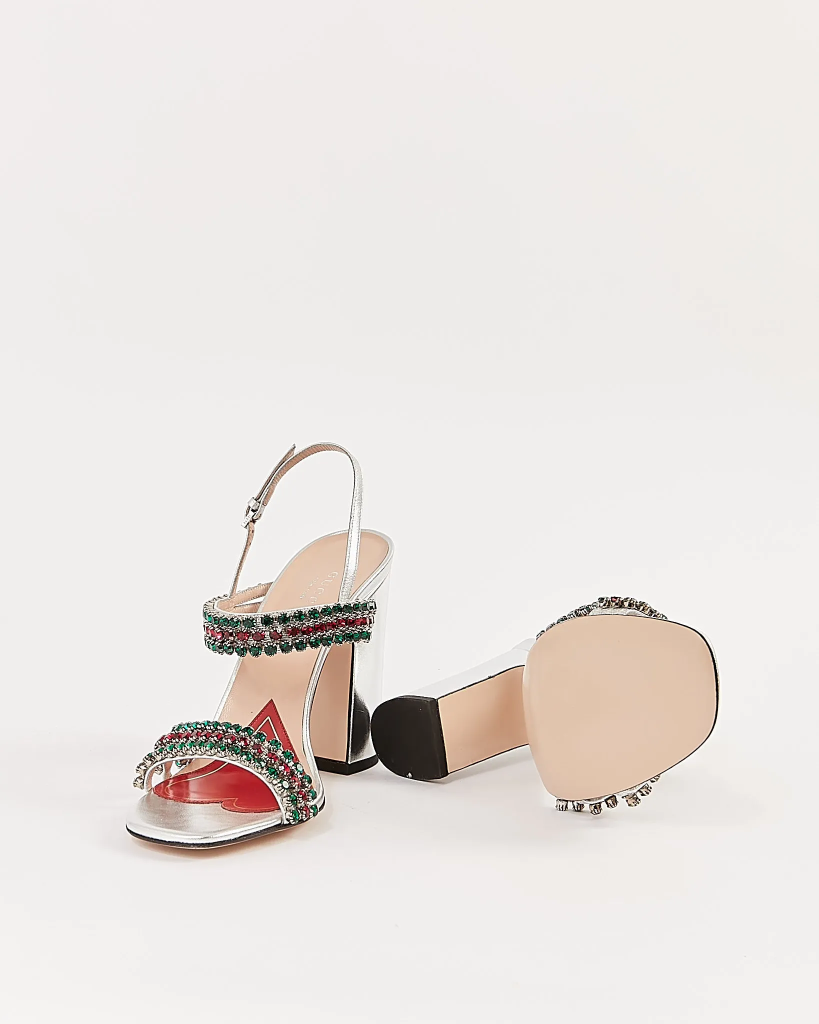 Gucci Silver Metallic Crystal Web Accent Strappy Sandal - 39.5